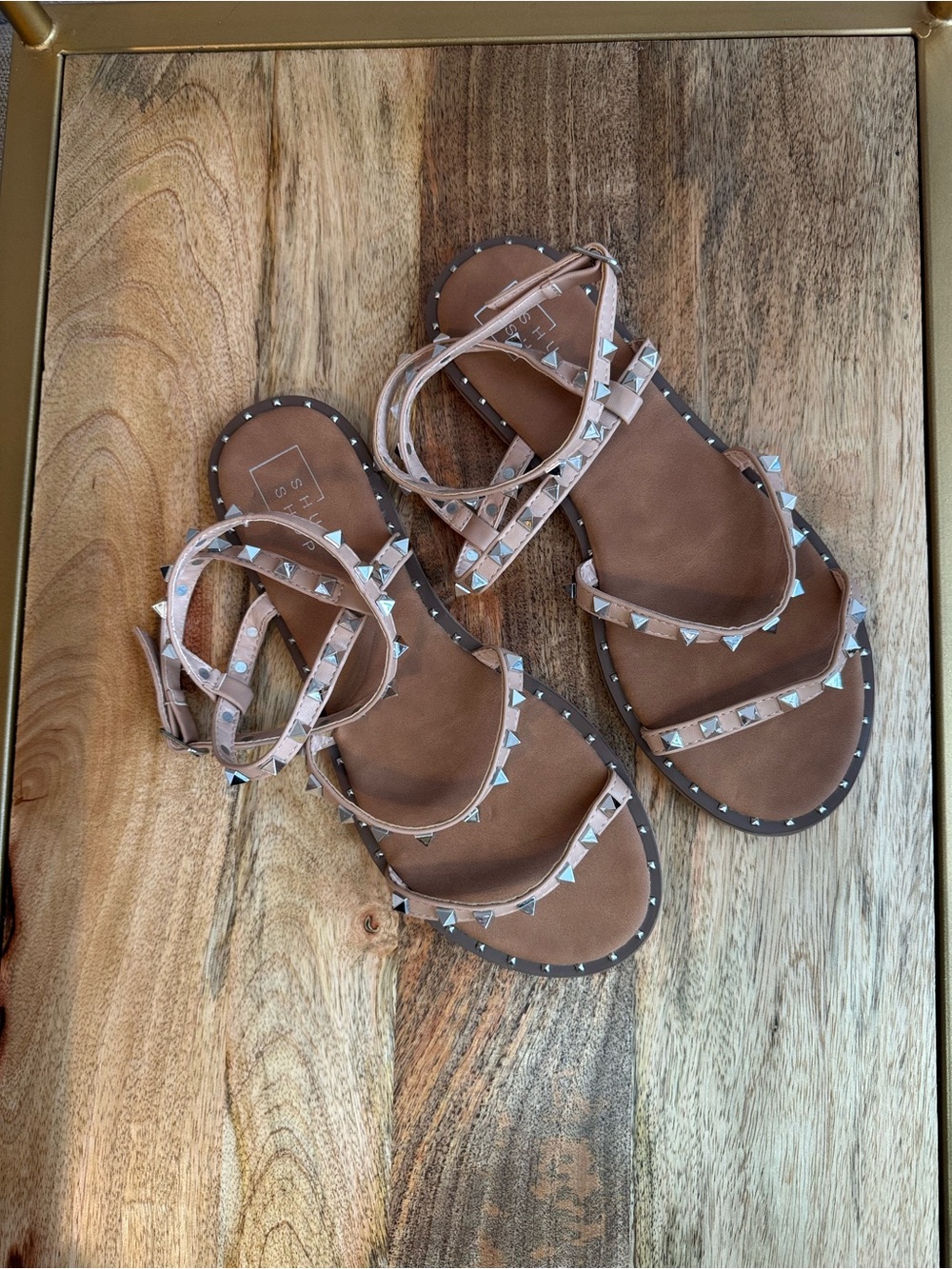 ShuShop Tan Studded Ankle-Strap Sandals